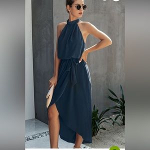 Navy blue halter dress.  High  neck with tie